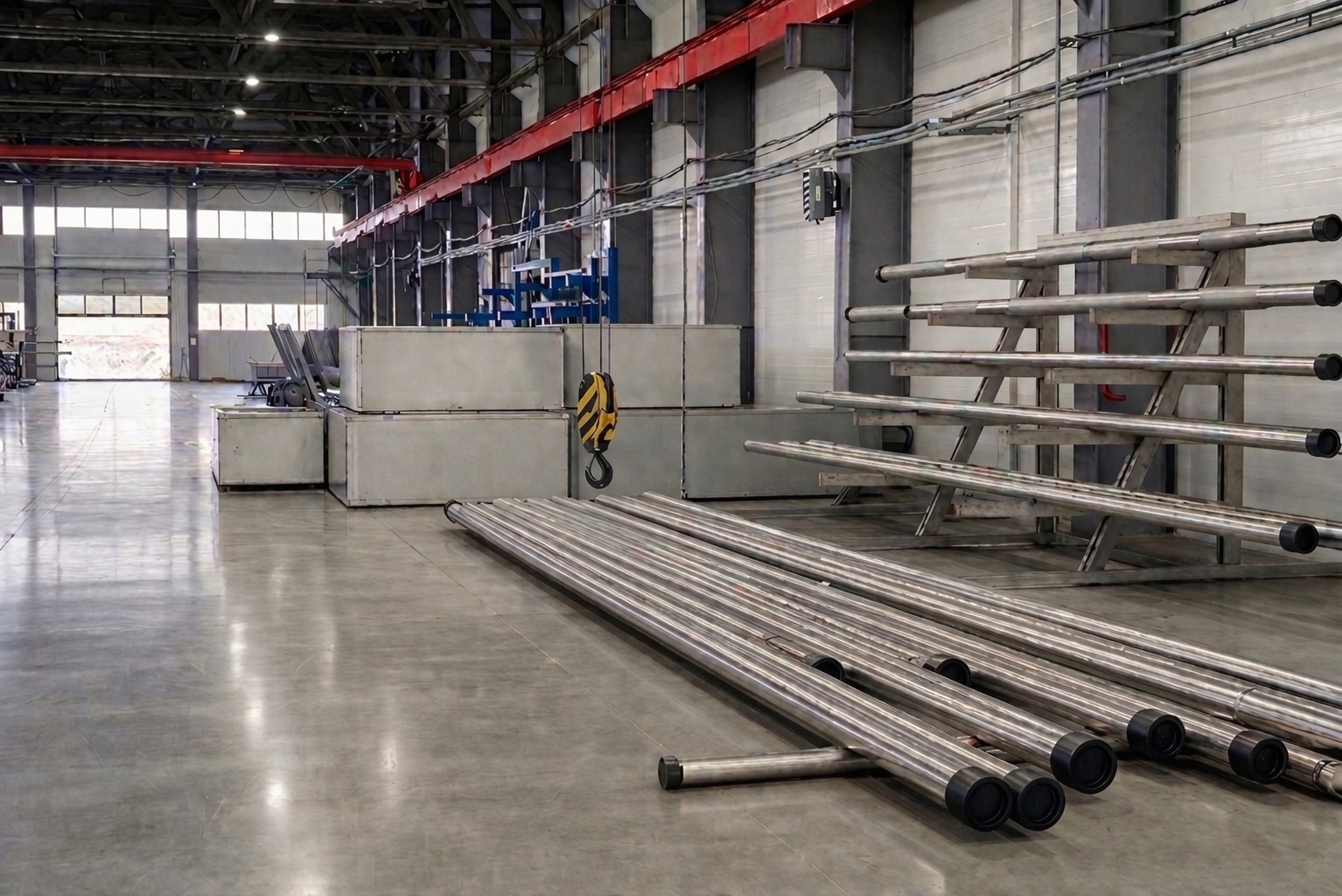 Сервисный цех с крюком, трубами и ящиками